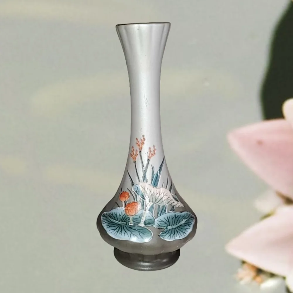 TOYO Vintage Hand Painted Oriental Ceramic Flower Bud Vase Gray Pink Green